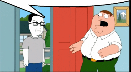 a cartoon of peter griffin talking to a man in front of a red door