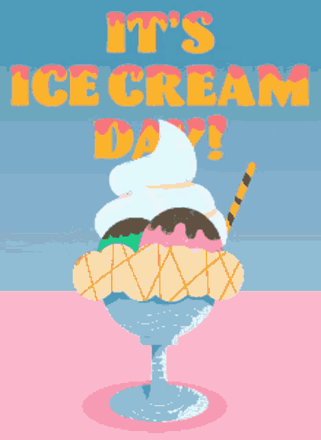 a pixel art of an ice cream sundae with the words it 's ice cream day above it