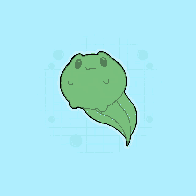 a sticker of a green frog with a white outline on a blue background