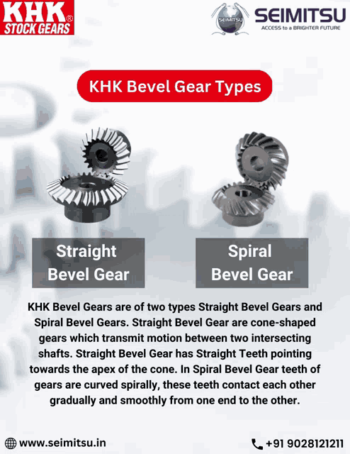 an advertisement for khk bevel gear types shows two different types of gears