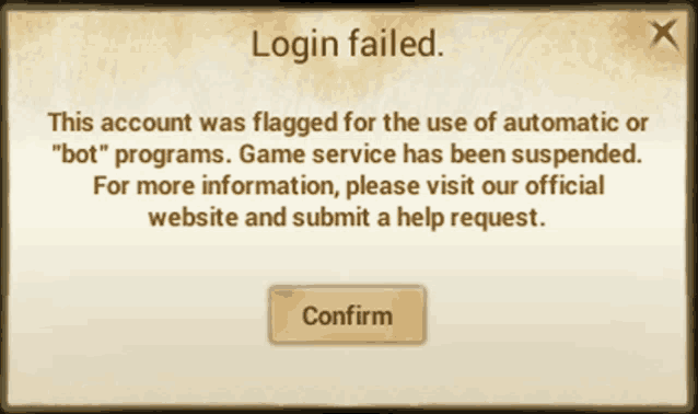 a screen that says login failed with a confirm button