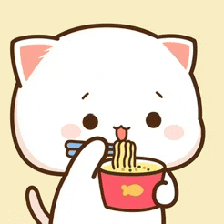 a cartoon cat is eating noodles out of a cup .