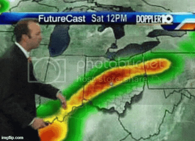 a man stands in front of a weather map that says futurecast sat 12pm