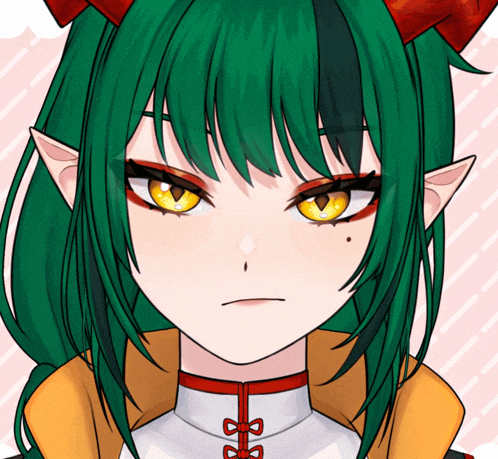 a close up of a girl 's face with green hair and red horns