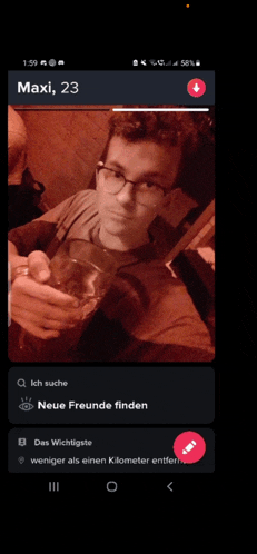 a phone screen shows a man holding a glass and the name maxi