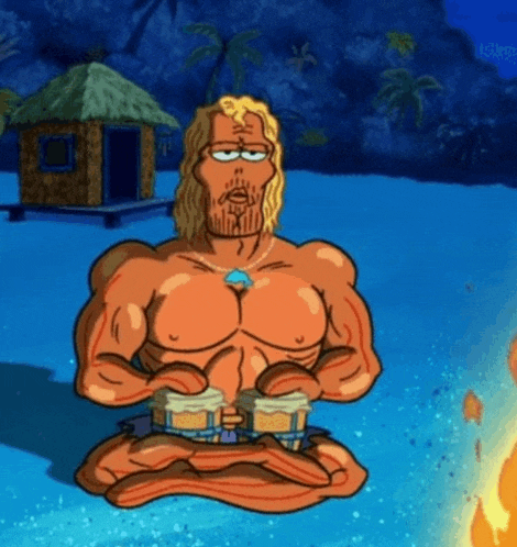 a cartoon man is sitting in a lotus position on a beach