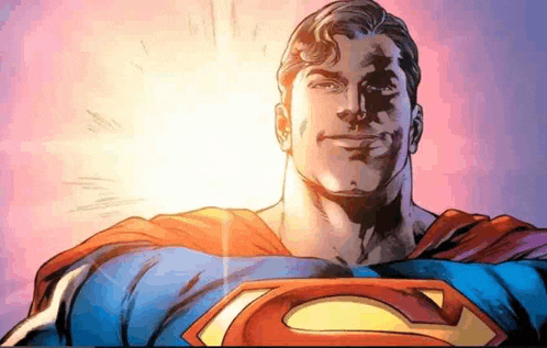 a close up of a cartoon of superman with the sun shining through his eyes .