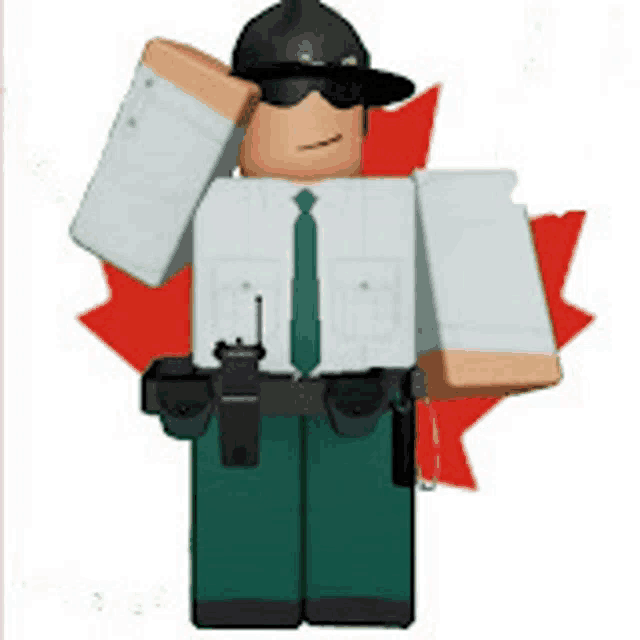 a roblox character wearing sunglasses and a hat is standing in front of a red maple leaf .