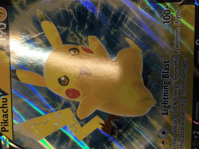 a pikachu card that says lightning blast 100+ on it