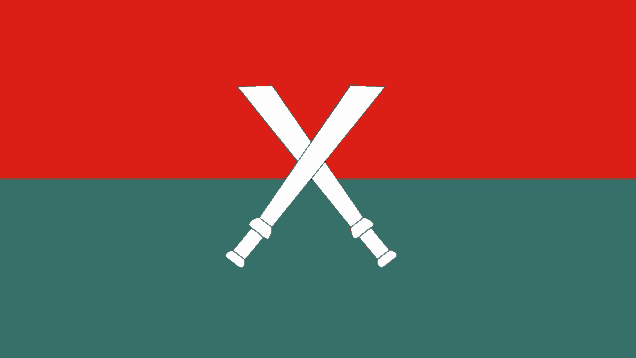 a red and green flag with two crossed swords in the middle