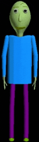 a cartoon character with a blue shirt and purple pants is standing in a dark room .