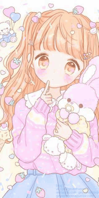 a cute anime girl is holding a teddy bear and a balloon in her hands .