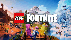 a lego fortnite poster with a mountain in the background .