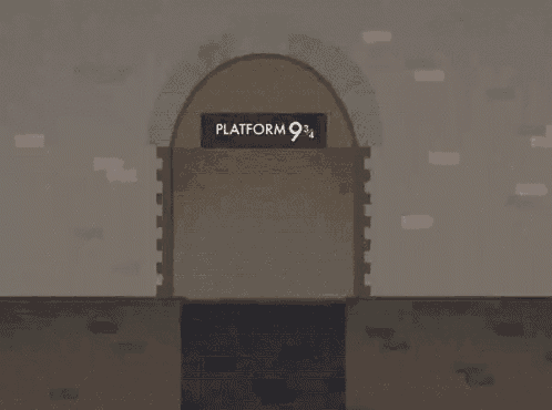 a cartoon illustration of platform 9 3/4 , a train station .