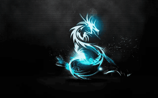 a black background with a blue and white dragon on it