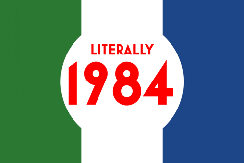 a green white and blue flag with the year 1984 on it