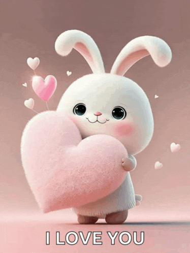 a bunny rabbit holding a pink heart with the words i love you below it