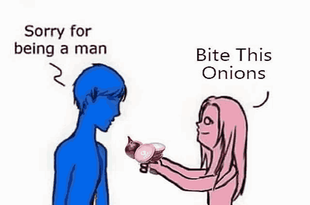 a man and a woman are standing next to each other and a woman is holding a bunch of onions .