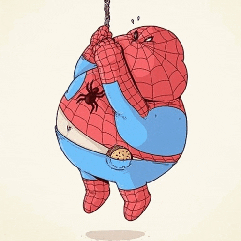 a cartoon of a fat spider-man hanging from a rope