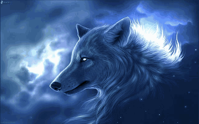 a painting of a wolf with a blue background