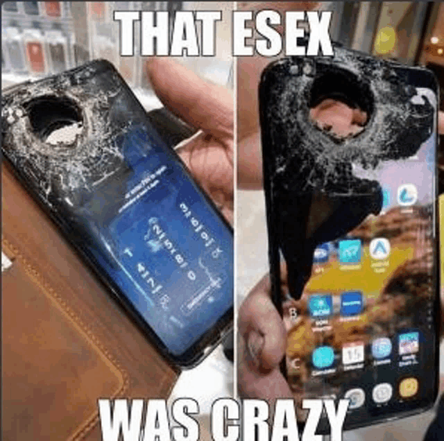 a person is holding a cell phone with a cracked screen and a cell phone with a cracked screen .