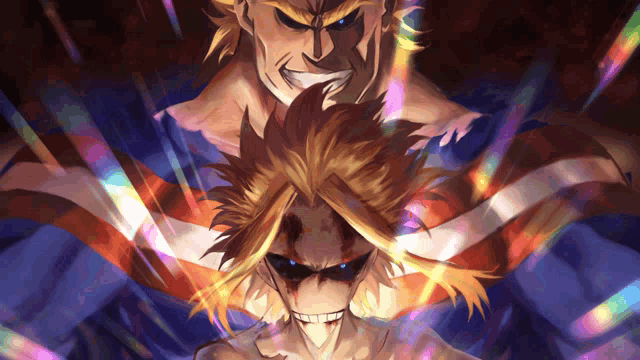 a painting of all might from my hero academia standing next to another man