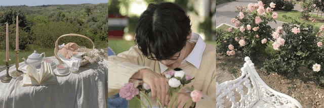 a collage of three pictures shows a man holding flowers and a table with candles