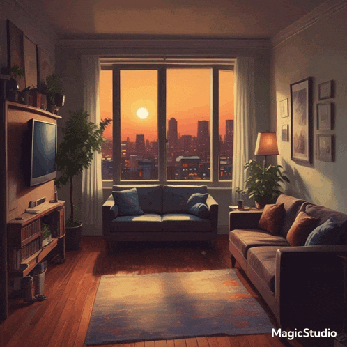 a living room with a couch and a tv and the words magicstudio on the bottom left