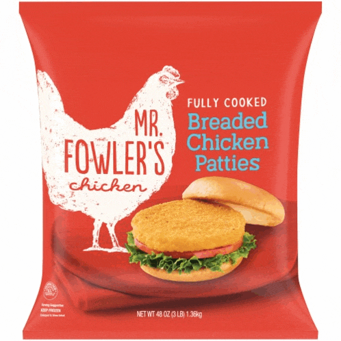 a bag of mr. fowler 's breaded chicken patties with a sandwich on a bun