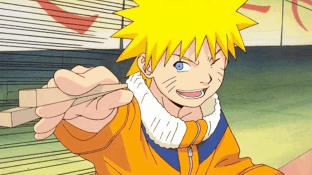 a cartoon character with yellow hair is holding chopsticks in his hand