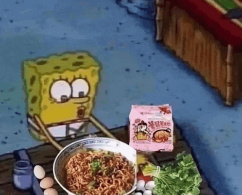 a cartoon of spongebob sitting on a chair next to a bowl of ramen noodles .