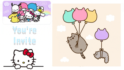 a hello kitty drawing next to a picture of pusheen