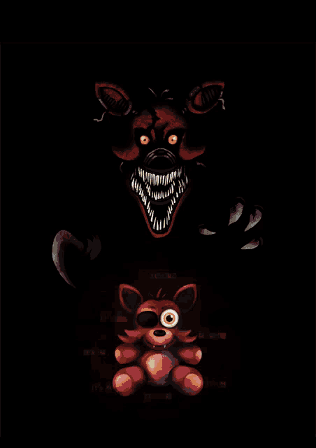 a teddy bear is sitting in front of a drawing of a nightmare foxy