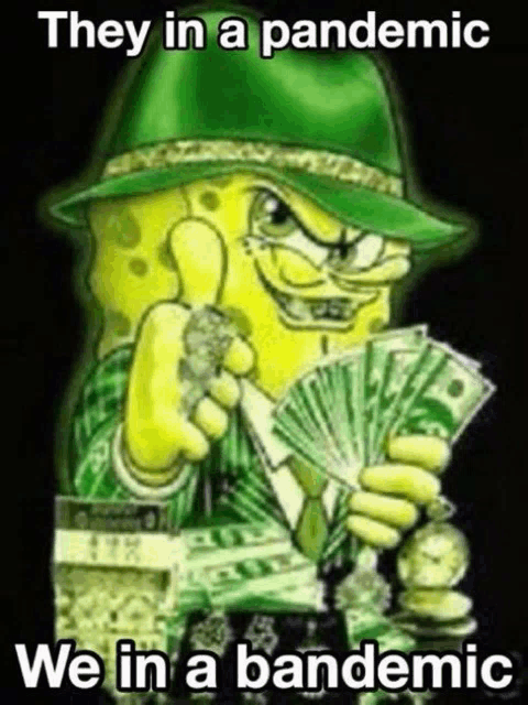 a cartoon of spongebob wearing a green hat and holding a fan of money .