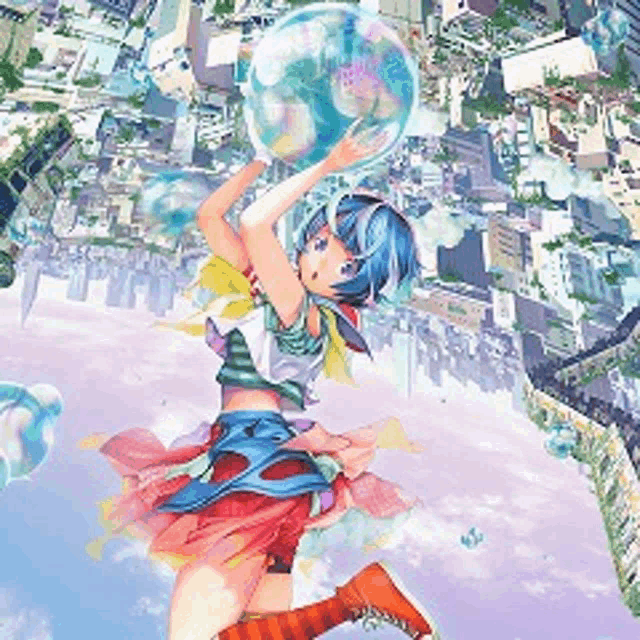 a girl with blue hair is flying through the air holding a globe