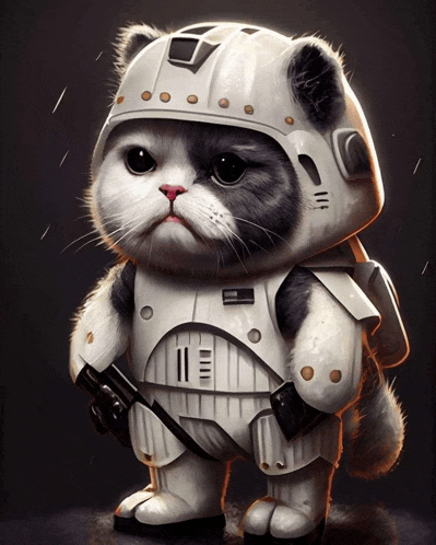 a cat dressed in a storm trooper costume holds a gun