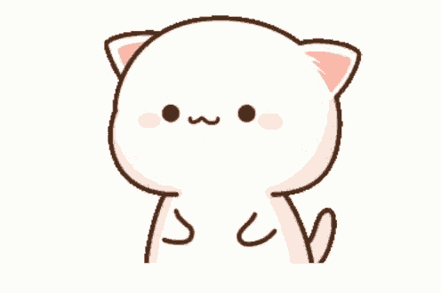 a cartoon of a white cat with a pink ear and a heart on its paw .