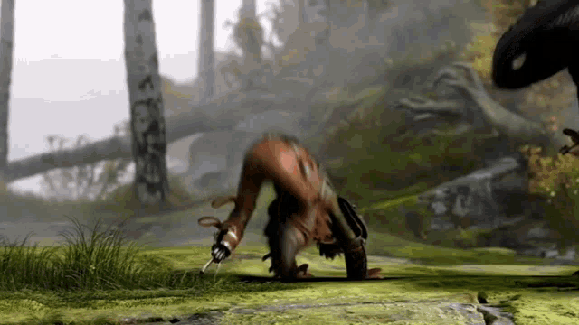 a cartoon character is doing a handstand in a swamp