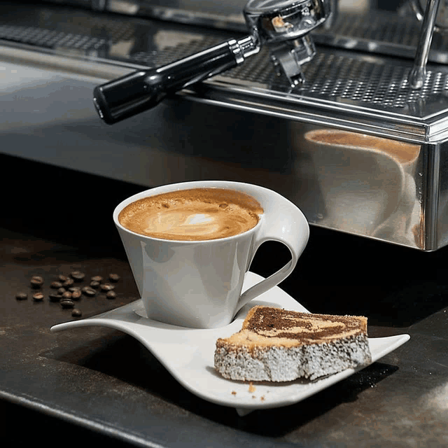 a cup of coffee sits on a saucer next to a slice of cake