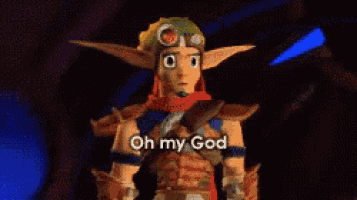 a video game character says oh my god while standing in a dark room .