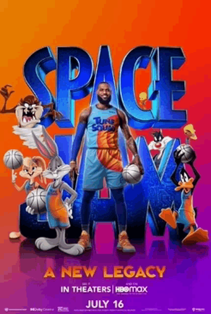 a movie poster for space jam a new legacy shows lebron james holding a basketball .