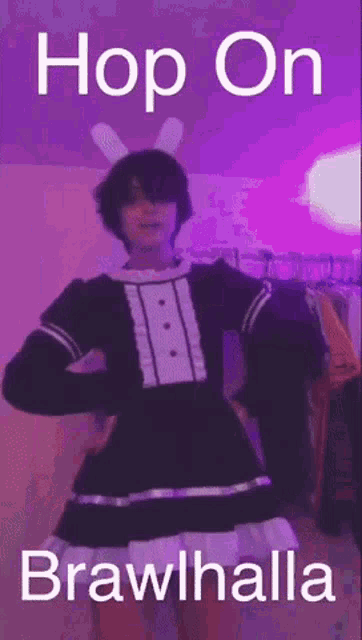 a person in a maid dress with bunny ears is dancing in front of a purple background .