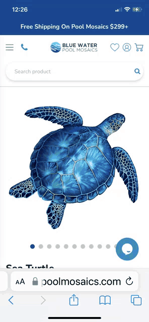 a phone screen shows a blue water pool mosaics turtle