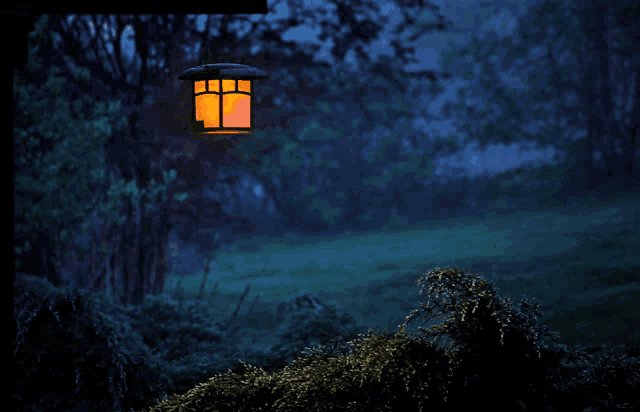 a lantern hangs from a pole in the dark