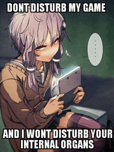 a girl with purple hair is playing a video game and a meme says dont disturb my game