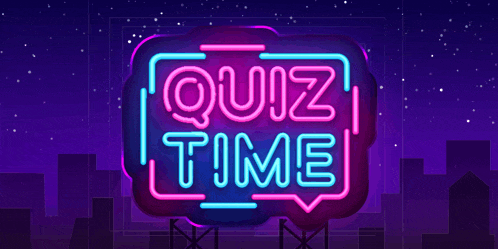 a neon sign that says quiz time on a city background