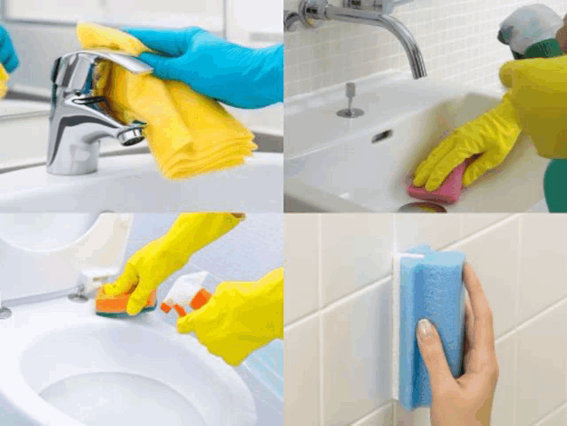 a collage of four pictures showing a person cleaning a sink toilet and mirror