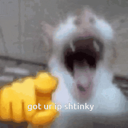 a cat with its mouth open is being pointed at by a yellow fist that says got ur ip shtinky