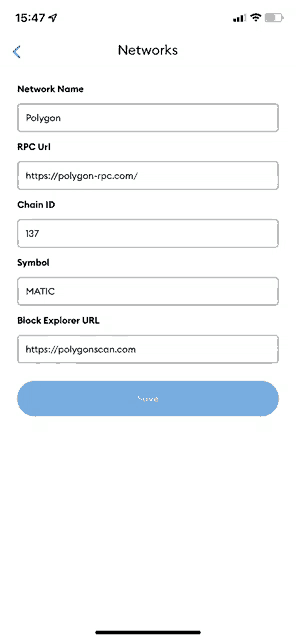 a screenshot of a phone screen showing the network name , chain id , symbol , and block explorer url