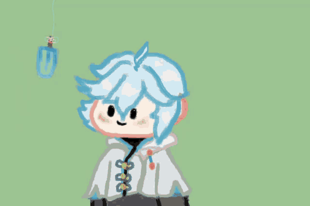 a drawing of a person with blue hair holding a bottle